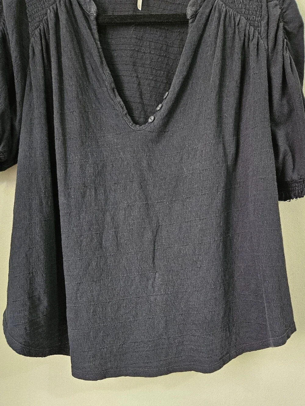 Free People Fever Dream Tee in Black V-Neck with Short, Ruched, Sleeves, Boho XS